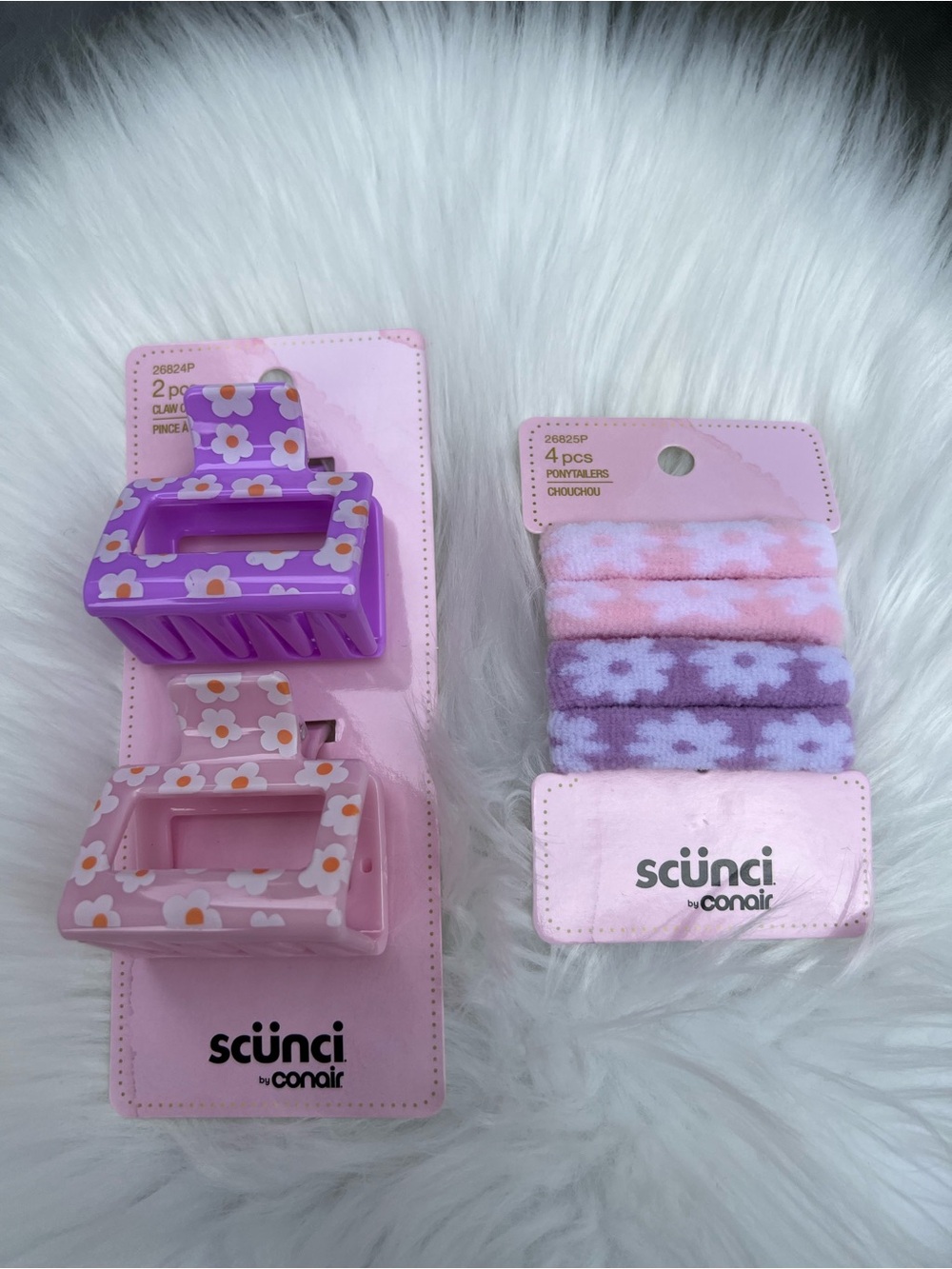 Scünci Purple & Pink Floral Claw Clips with Matching Floral Elastic Bands